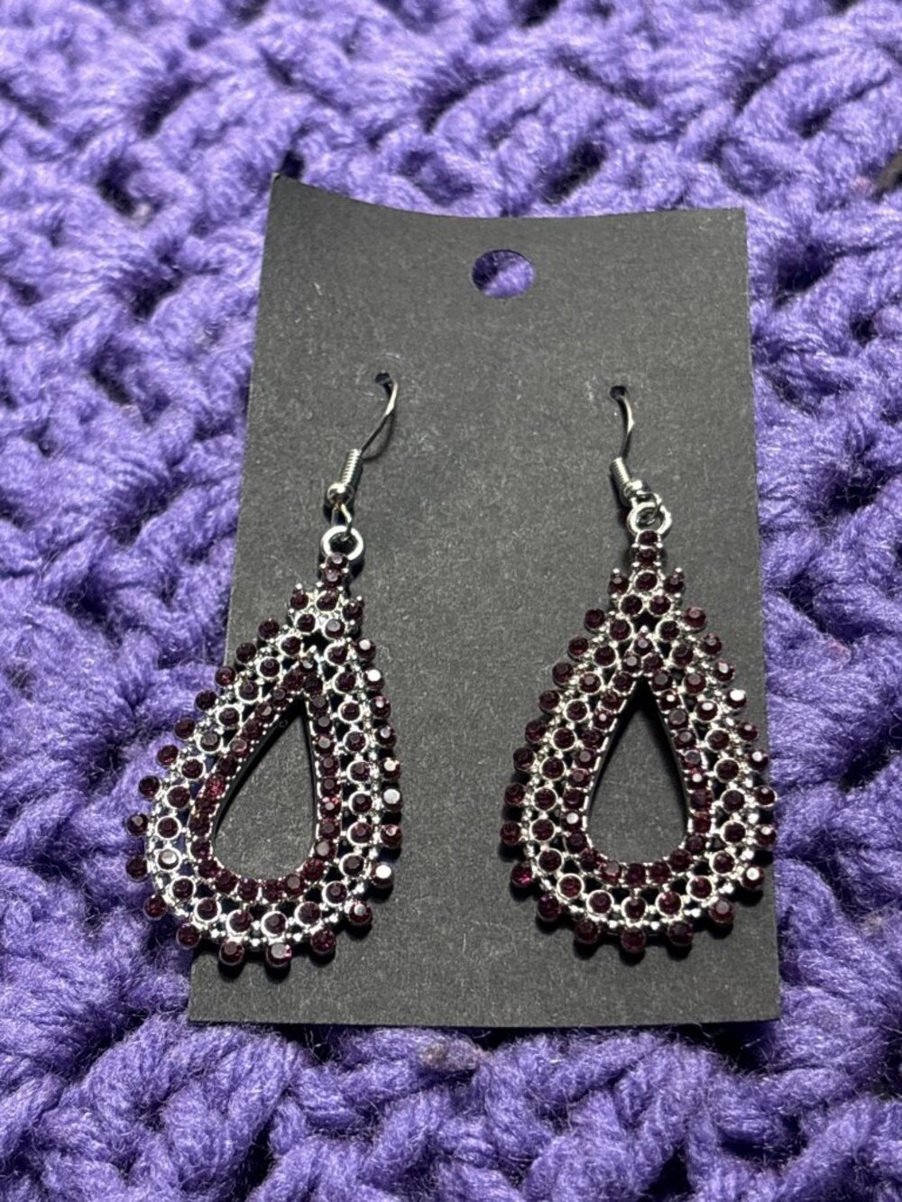 Silvertone Purple Rhinestone Pave Teardrop Dangle Earrings 2 inches